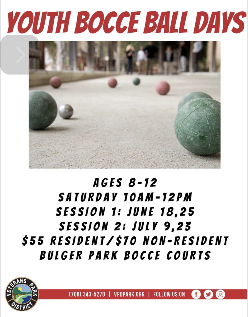 VPDpark's tweet photo. 🎾New June start dates for Tennis classes and Bocce Days.  Call 708-343-5270 to register today.@VPDpark https://t.co/7urn4ux3Mg