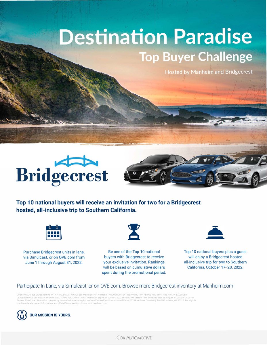 ManheimFAA's tweet photo. Are you up for the challenge? Be one of Bridgecrest's top 10 National Buyers and receive in all-inclusive trip to SoCal for two!

We offer Bridgecrest inventory every other Thursday in lane 7.

Here's our June sales: 
June 9  |  June 23

#manheim #manheimfaa #bridgecrest https://t.co/vyMKviI9aI