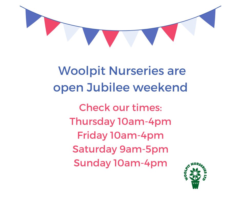 WoolpitPlants's tweet photo. We'll be open Jubilee weekend, but please note the slightly shorter hours on the Thursday and Friday and as normal for the Saturday and Sunday.
We hope you'll drop in.
#jubilee #gardenplants #gardening #Woolpit #beddingplants #WoolpitNurseries
https://t.co/ziQ3qQVjYx https://t.co/lHwuxiLKiH