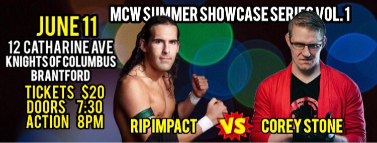 MCWBrantford's tweet photo. ICYMI - Card so far for our Summer Series Volume 1!!!
Tickets are available from the venue at 12 Catharine Ave in #Brantford or at the link below!!! RT!!!! #ProWrestling #WWE #AEW #OntarioIndyWrestling #BuyInAndMarkOut
https://t.co/5ha7rbFBgI https://t.co/eiJtuWqYol