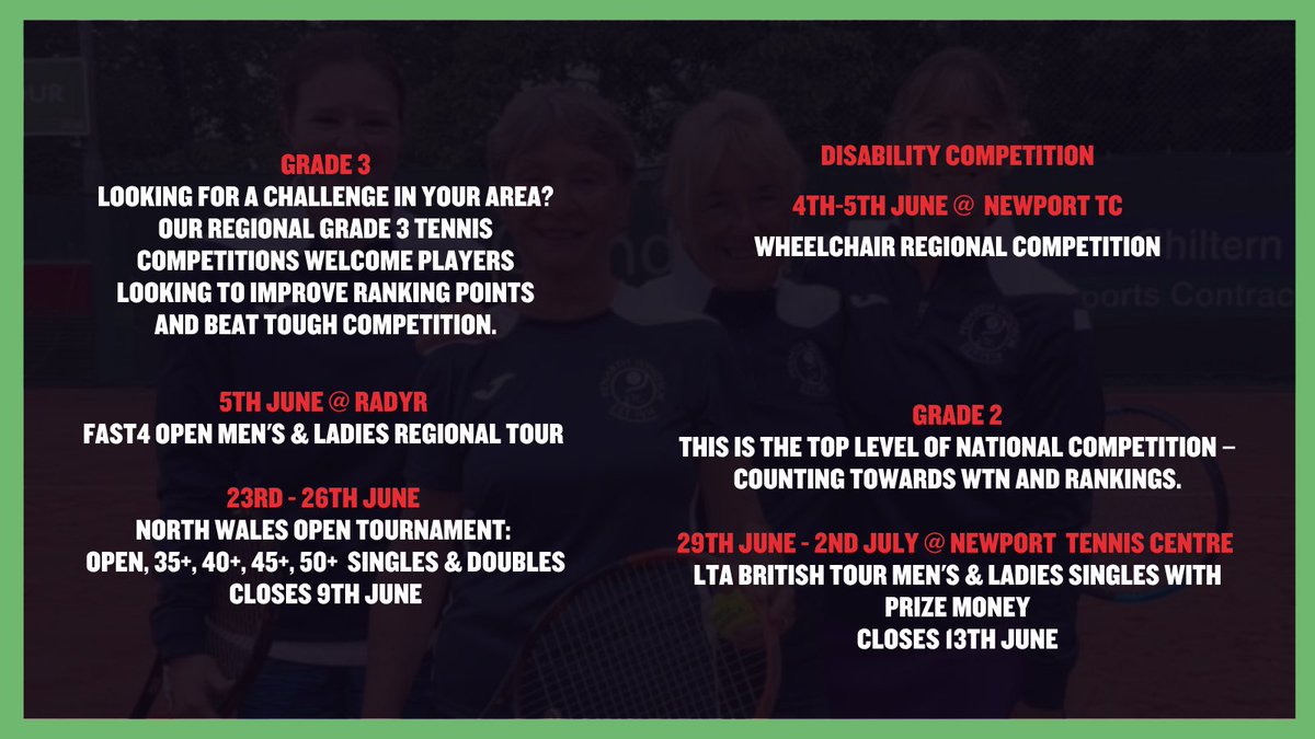tenniswales's tweet photo. June has arrived with plenty of competitions in tow!🤩🎾

Will you be competing this month? 🙌 https://t.co/BJTHDAkoGw
