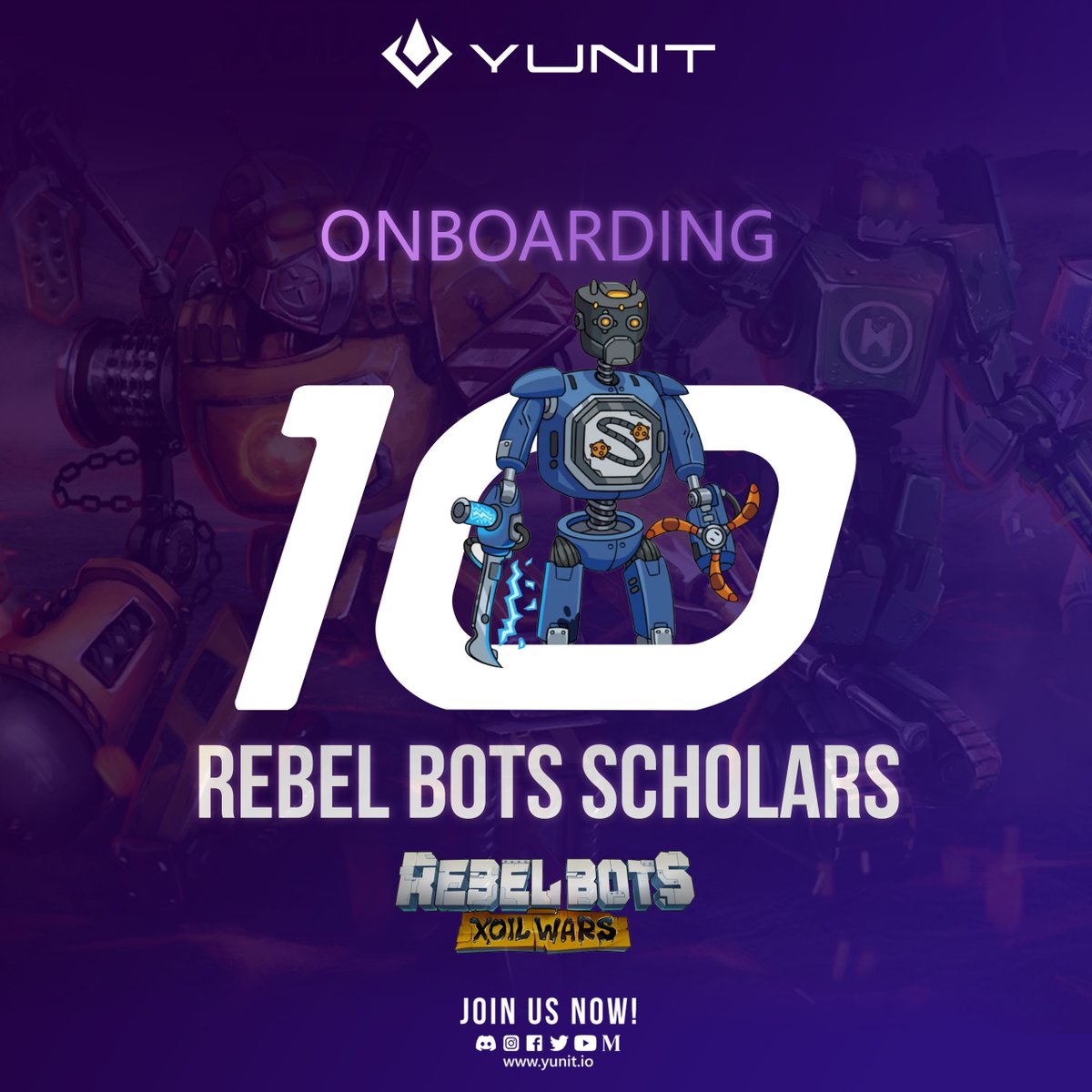 YunitGaming's tweet photo. HERE WE GO 🚀

We're recruiting 10 REBEL BOTS SCHOLARS 🤖🎓

To be chosen, follow these instructions ⬇️

‼️ RT this post and follow @YunitGuild 
‼️ Tag 3 friends in the comments

Once you're done, find the secret event in our Discord and follow the next instructions there 👀 https://t.co/KZXeGaglE3