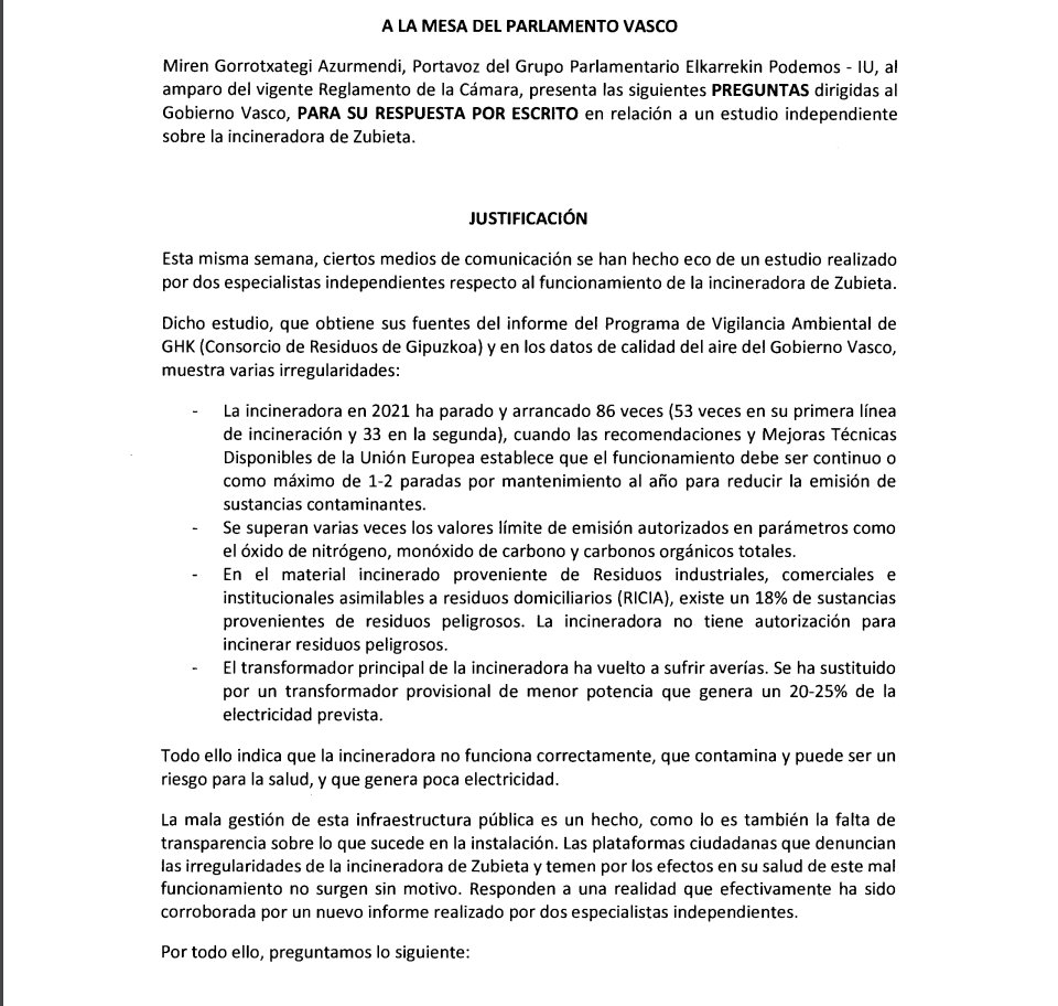 XabiMarrero's tweet photo. Un estudio demuestra que la incineradora de Zubieta no funciona correctamente, que emite emisiones y que el transformador apenas produce electricidad.
Desde @PodemosEuskadi_ preguntamos al Gobierno Vasco qué medidas va a tomar para solucionar los problemas.
@tgurasos https://t.co/0yLRUCZapd