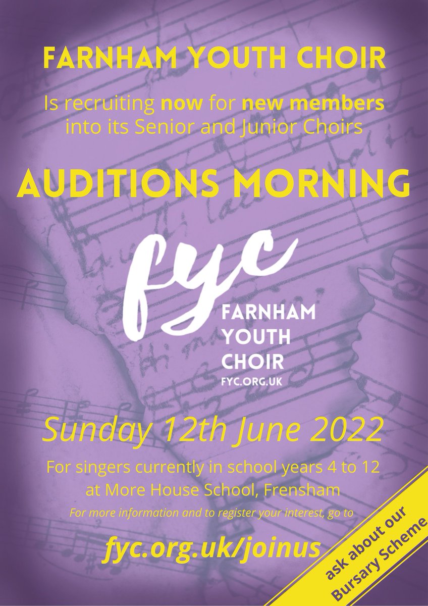 📢📢Calling all music teachers in Surrey and Hampshire. Our Senior Choir will is auditioning new members on 12th June. Send us your singers! We have a bursary scheme. fyc.org.uk/joinus #musiced #Surrey #Hampshire