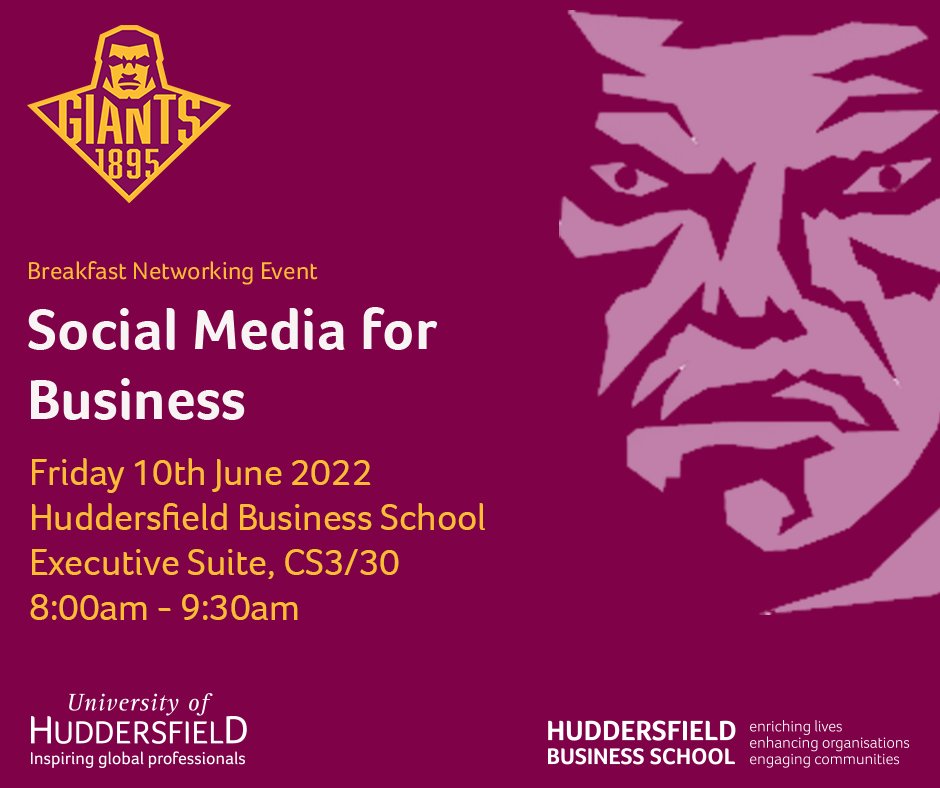 There’s just over a week to go until our Breakfast #Networking Event with <a href="/Giantsrl/">Huddersfield Giants 🐮🔔</a>🙌

Don’t miss this #businessbreakfast that will explore using social media for business.

10th June, 8:00 – 9:30 at Huddersfield Business School. 

Register for free 👉 hud.ac/mdq