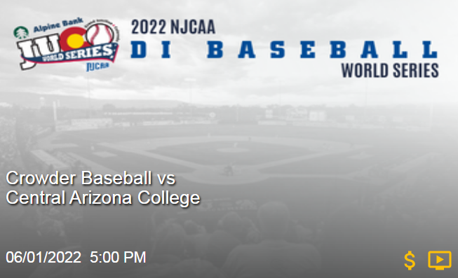 𝗜𝘁'𝘀 𝗚𝗔𝗠𝗘 𝗗𝗔𝗬!
🏆 2022 NJCAA DI Baseball World Series - Elimination Quarterfinal Round
Crowder 🆚 Central Arizona
🗓️ June 01, 2022 | 5:00 PM EDT
📍 Sam Suplizio Field - Grand Junction, CO
📺 bit.ly/NJCAABaseball
#NJCAABaseball #Live 
<a href="/CrowderBasebal1/">Crowder Baseball</a> <a href="/CAC_BaseballDB9/">Central AZ Baseball</a>