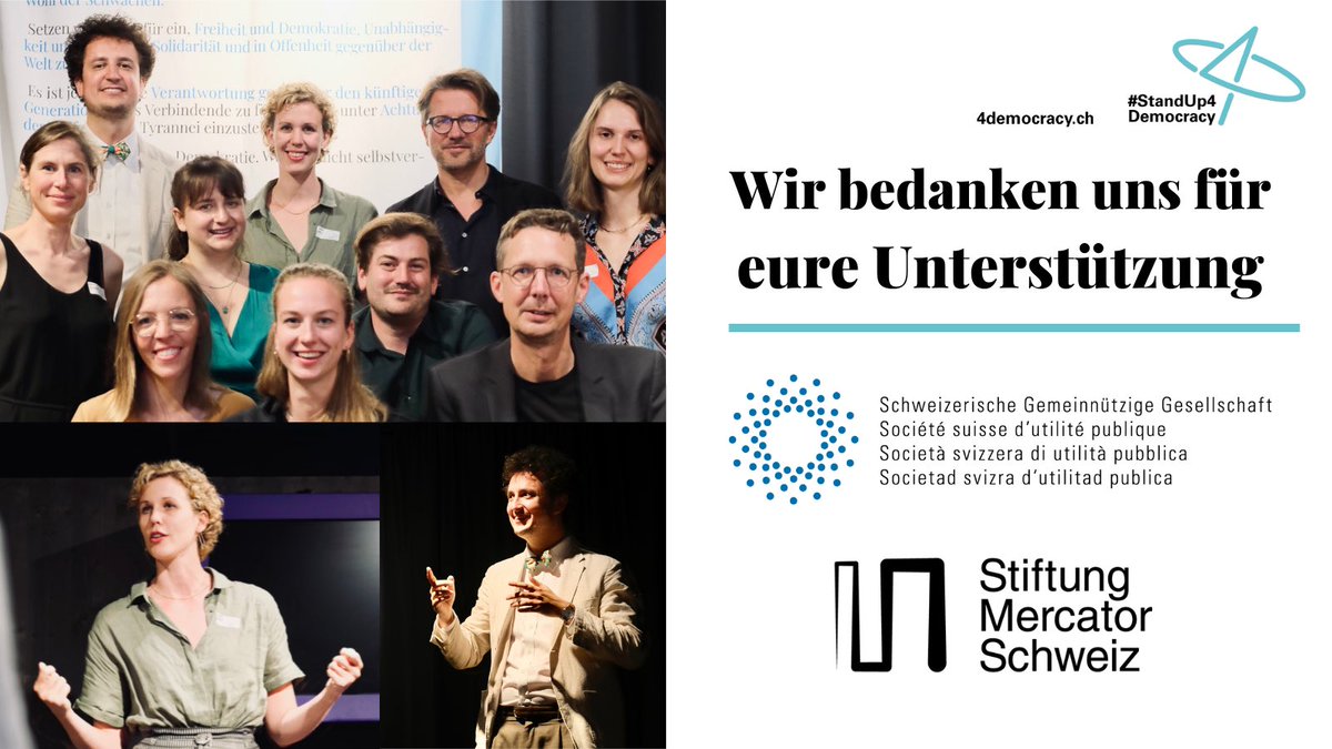 Es ist Zeit für ein Dankeschön: <a href="/up4democracy/">#StandUp4Democracy</a> ist ein junger Verein, welcher in kurzer Zeit ins Handeln kommen konnte. Wir danken <a href="/sgg_ssup/">Schweizerische Gemeinnützige Gesellschaft SGG</a> sowie <a href="/MercatorCH/">Stiftung Mercator Schweiz</a> für die rasche und unkomplizierte Unterstützung.

#StandUp4Democracy #GeradeJetzt #Demokratie 4democracy.ch