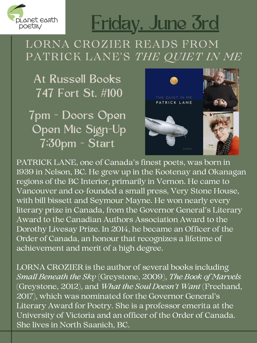 🍂Friday Night Poetry - Special🍂

On June 3rd <a href="/russellbooks/">Russell Books</a>:

Lorna Crozier will read selected poems from Patrick Lane’s posthumous collection, The Quiet in Me.

Doors 7:00PM PDT
Program 7:30

Masks Encouraged.

planetearthpoetry.com

🌅Poetry: A Passion for Living.🌅

#poetry