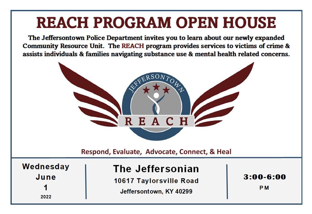 Join us for the Reach Program Open House today!  3pm-5pm at the Jeffersonian.  
The Reach program provides services to victims of crime and assists individuals and families navigating substance use and mental health related concerns.