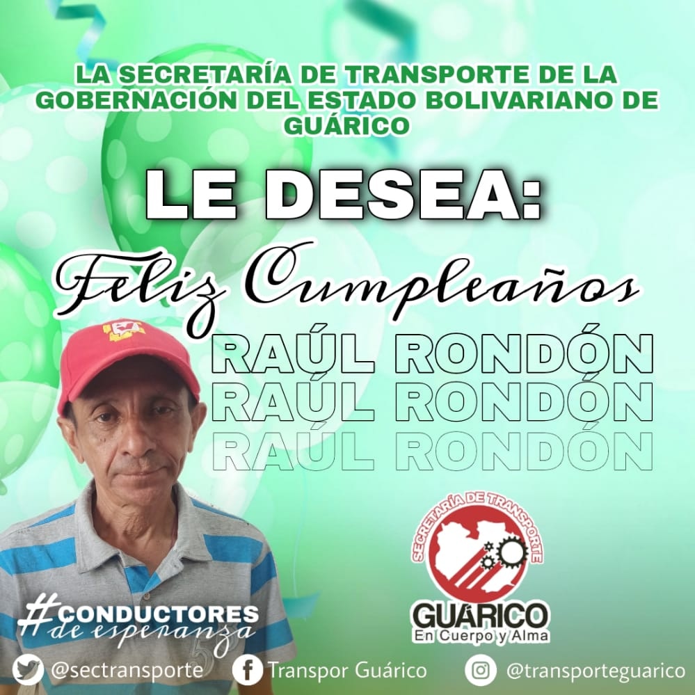 Desde la <a href="/Sectransporte/">Secretaría de Transporte</a> queremos felicitar al compañero de labores Raúl Rondón, quien hoy arribó a un año más de vida. Deseamos que Dios le continúe derramando bendiciones y le otorgue la dicha de seguir cumpliendo más años de vida.

#ConductoresDeEsperanza
#TransporteGuárico