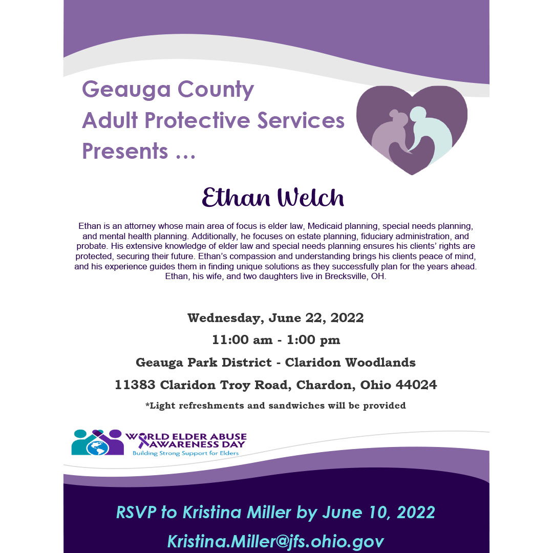 June is World Elder Awareness Month. Please consider attending the event on June 22nd put on by Geauga County Adult Protective Services. The event will be capped at 99 people, so if you are interested, please RSVP soon! 

#elderabuseawareness #adultprotectiveservices #aps