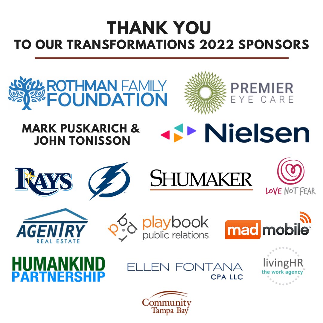 Community Tampa Bay (@communitytb) on Twitter photo Thank you to Rothman Family Foundation, Premier Eye Care, Mark Puskarich & JT, <a href="/nielsen/">Nielsen</a>, <a href="/RaysBaseball/">Tampa Bay Rays</a>, <a href="/TBLightning/">Tampa Bay Lightning</a>, Shumaker, Love Not Fear, Agentry Real Estate, Playbook Public Relations, <a href="/MadMobile/">Mad Mobile</a>, Humankind Partnership, and <a href="/livingHRInc/">livingHR, Inc.</a> for supporting Transformations 2022! Thank you to Rothman Family Foundation, Premier Eye Care, Mark Puskarich & JT, <a href="/nielsen/">Nielsen</a>, <a href="/RaysBaseball/">Tampa Bay Rays</a>, <a href="/TBLightning/">Tampa Bay Lightning</a>, Shumaker, Love Not Fear, Agentry Real Estate, Playbook Public Relations, <a href="/MadMobile/">Mad Mobile</a>, Humankind Partnership, and <a href="/livingHRInc/">livingHR, Inc.</a> for supporting Transformations 2022!