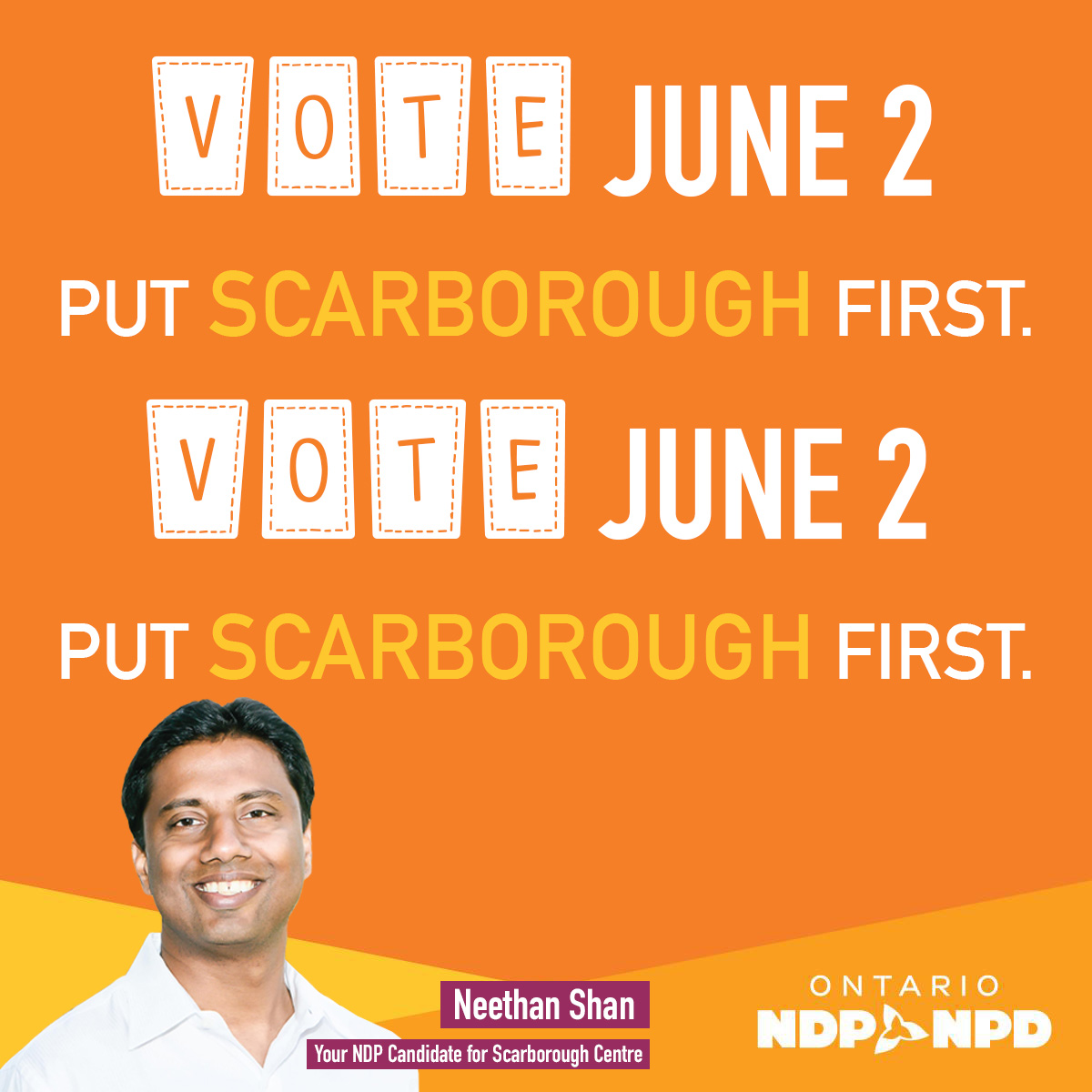 NeethanShan's tweet photo. Vote June 2. Vote Shan. Put Scarborough First.
#onpoli #Elections2022 #scarbcentre #NDP #TeamNeethan https://t.co/F4FjKa2UKc