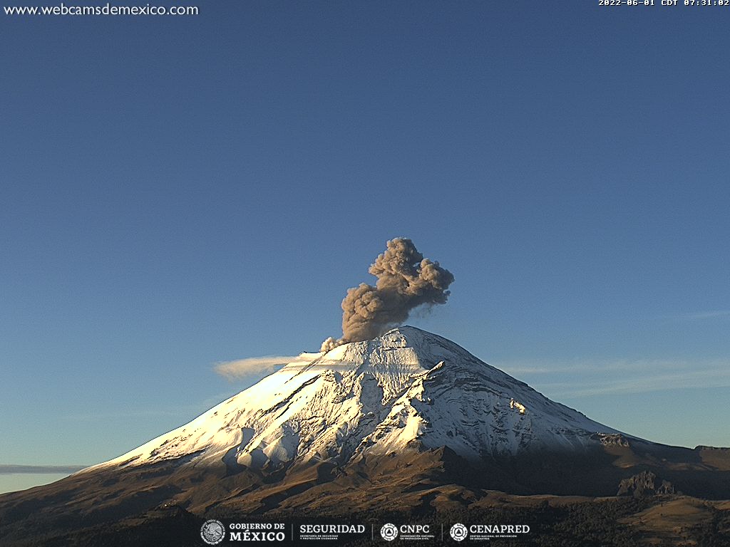 Puebla_Comunica's tweet photo. #Monitoreo | El #Popocatépetl inicia el mes de junio cubierto de nieve y con una leve emisión de ceniza, registrada a las 7:29 hrs, dispersándose hacia EdoMex.
🚦amarillo fase 2.
🚷radio de seguridad de 12 km.
Vía #SkyAlertMx https://t.co/W10YE2jRic