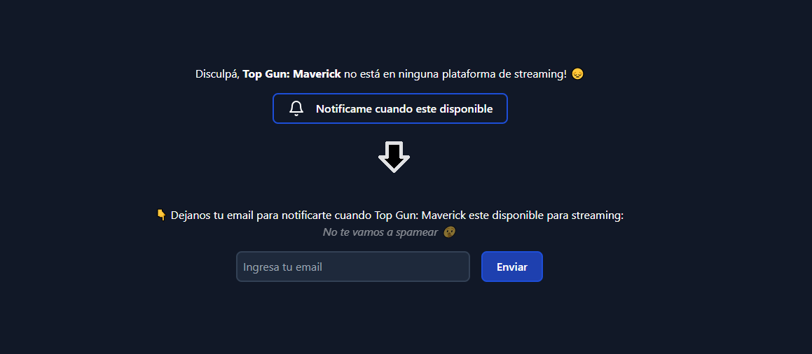 🔎¿La peli o serie que queres ver todavia no esta disponible en ninguna plataforma?
✅Desde ahora podes suscribirte para recibir una notificación por email cuando esté disponible:

buscala.tv