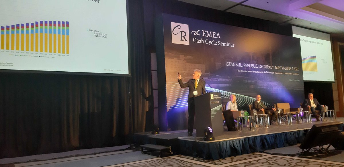 CurrencyResearc's tweet photo. In the final session of day 1 at the #EMEACCS2022 Raiffeisen Bank International updated attendees on a ‘The Tellerless Journey’, Arute Solutions introduced their new #cash logistics solution, and Giesecke+Devrient described how automation could reduce the cost of cash. #iccos https://t.co/40MGGUnhbn