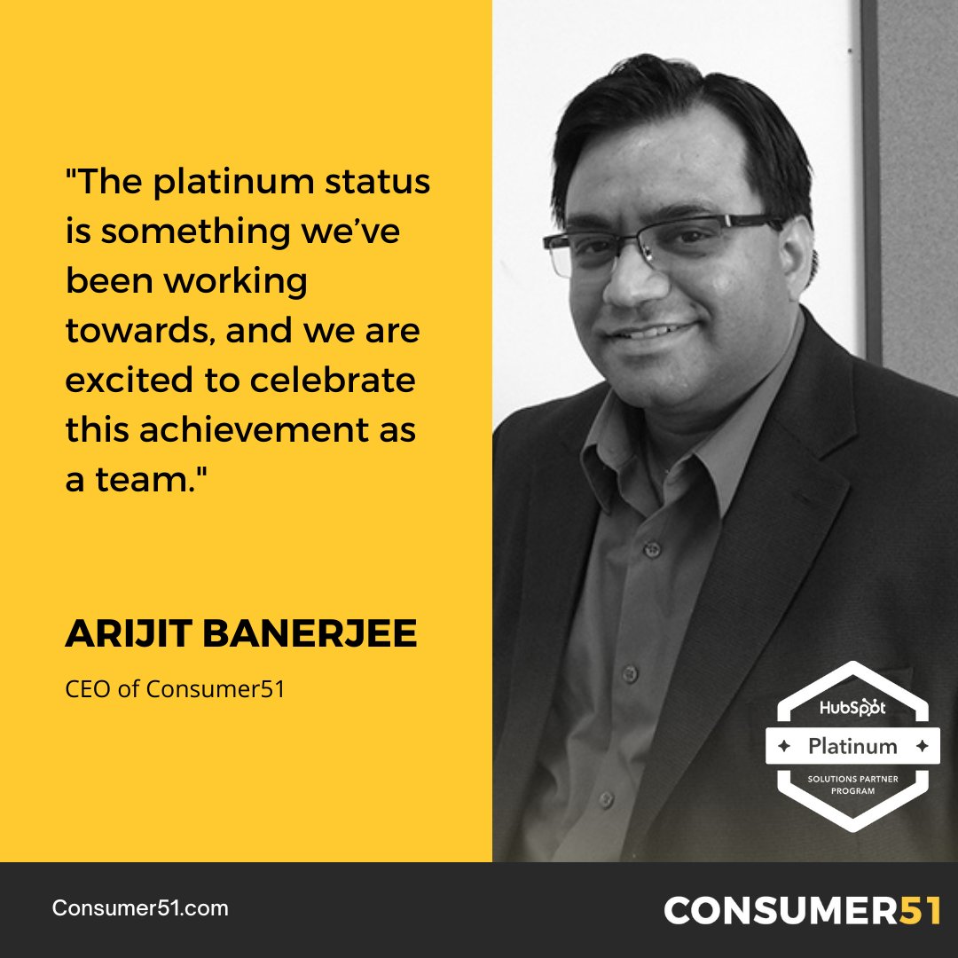 Consumer51's tweet image. Today, we celebrate! We’ve reached the Platinum Tier as a Certified HubSpot Solutions Partner.
Thank you to everyone that’s helped us along the way!
#HubSpot #Consumer51 #HubSpotSolutionsPartner