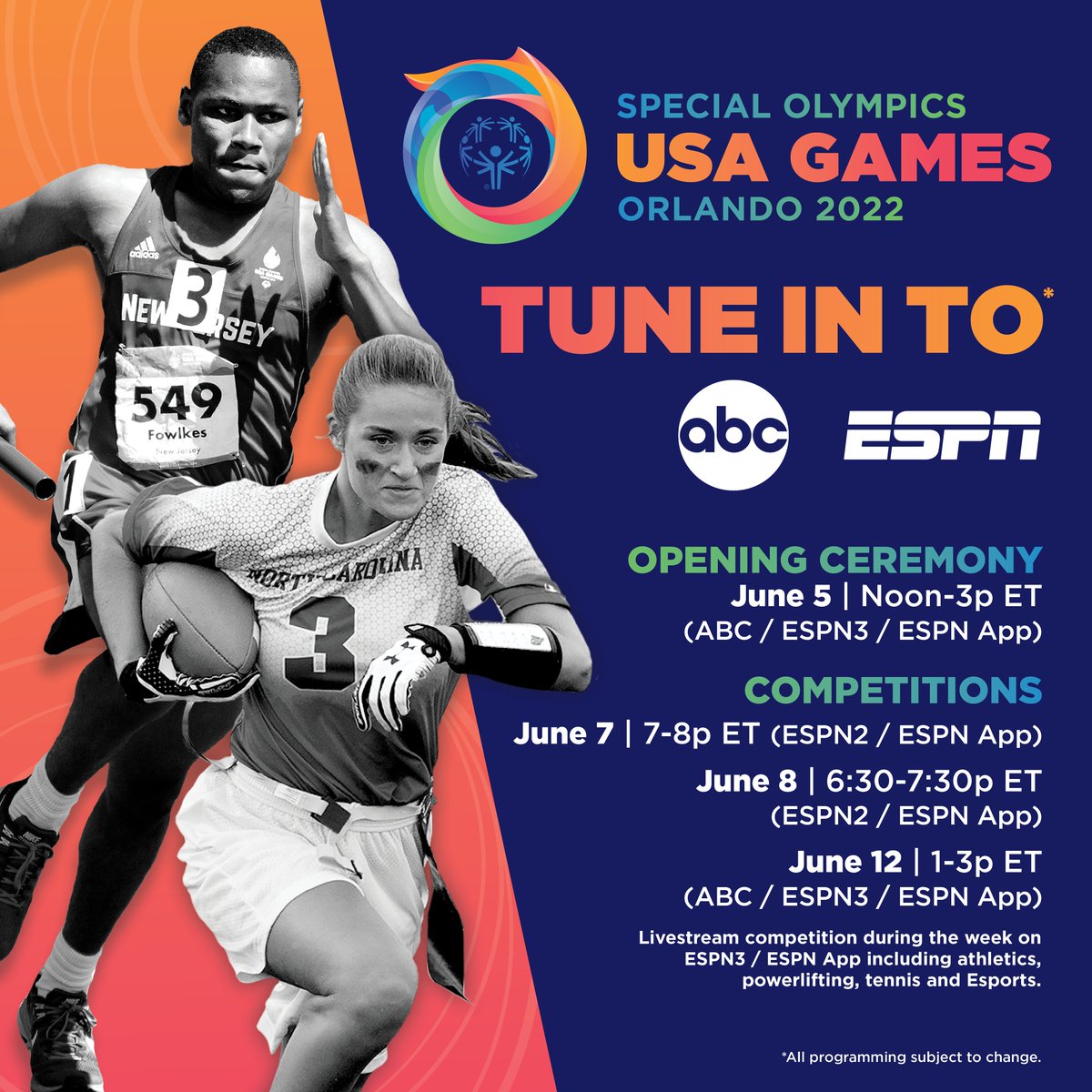 2026USAGames's tweet photo. Never miss a moment and watch athletes #ShineAsOne on @ABCNetwork and @espn throughout the week. Thanks to our Global Broadcast Partner, ESPN, athletes will get to display their talents on national coverage! #2022USAGames #Inclusion https://t.co/iia1Eq83cW