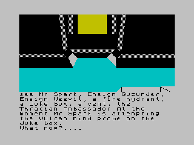 OldSchoolBooks1's tweet photo. er....okay...let's leave Mr Spark alone with that juke box shall we! #StarWreck #ZXSpectrum #retrogaming #textadventure , it's been an eventful trip from my cabin already ! #StarTrek https://t.co/GdiQfWzEba