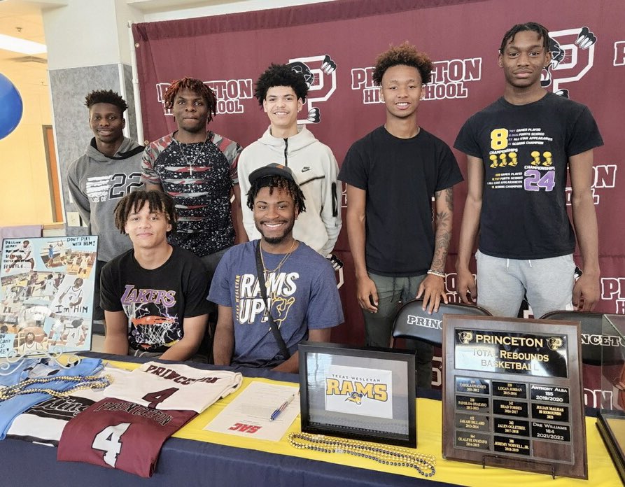 PrincetonISD's tweet photo. Dre Williams signed his commitment to play basketball for Texas Wesleyan in Fort Worth, which is an NAIA school in the Sooner Athletic Conference. He was joined by coaches, teammates and family. #RamsUp #PanthersOnTheMove https://t.co/LhSBmUs4iA