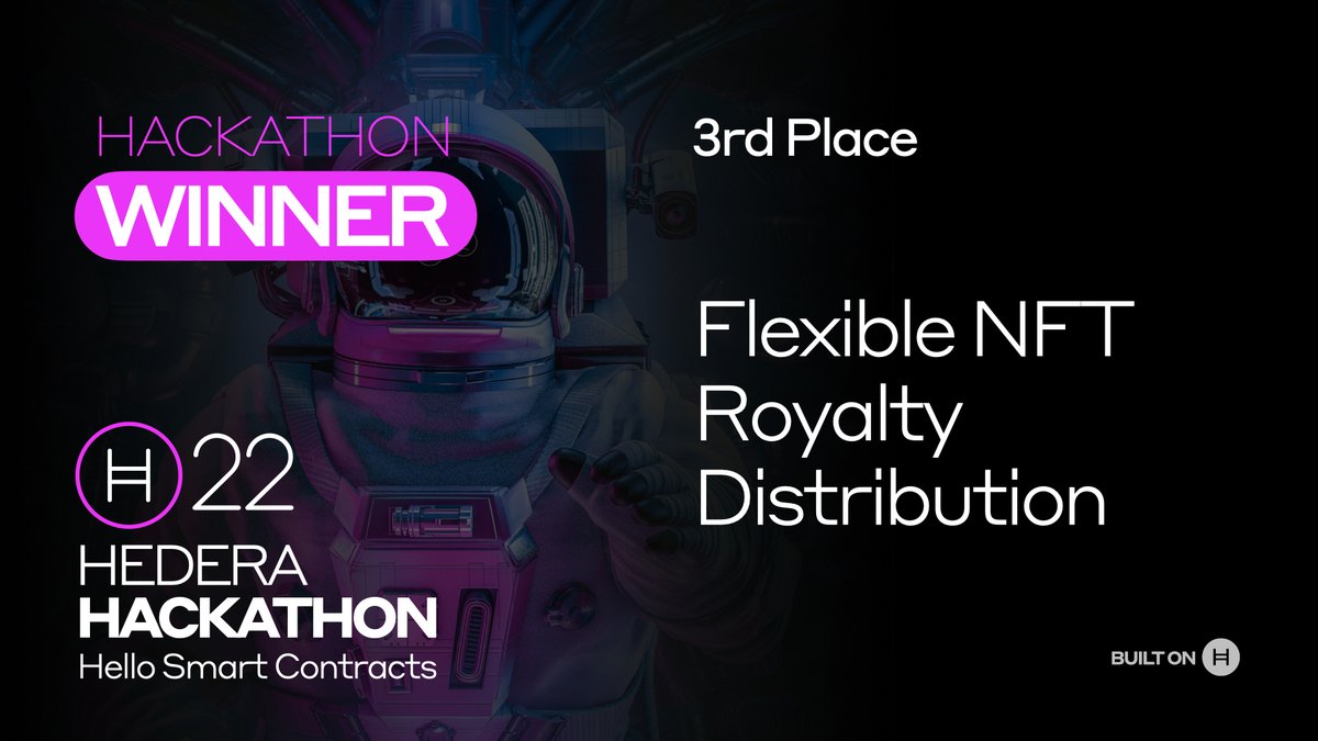 5/ In 3rd place for $50k: Flexible NFT Royalty Distribution by @niallroche and Walter Hernandez, an implementation which allows for more realistic and complex royalty distribution flows when transferring NFTs. ⚙️hedera22.devpost.com/review/submiss…