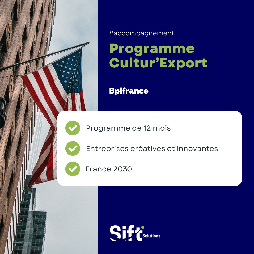 SiftSolutions's tweet photo. @Bpifrance lance Cultur'Export !🇺🇸
Ce programme de 12 mois permet aux entreprises innovantes des industries culturelles &amp; créatives de se développer aux USA à travers 3 étapes : un accompagnement individuel et collectif ainsi que des missions internationales.🌍
#France2030 https://t.co/gDFSvX3PEY