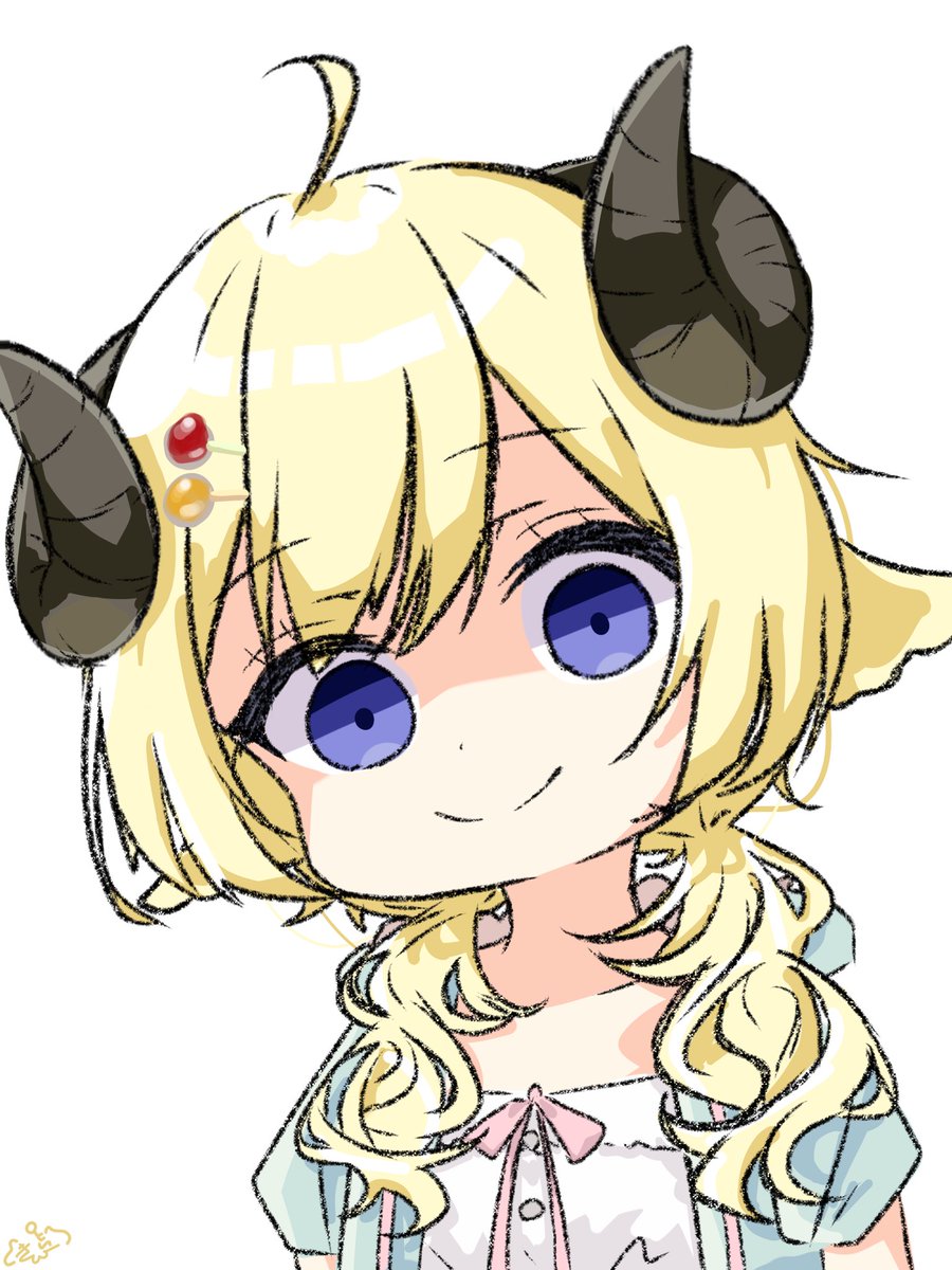 tsunomaki watame 1girl solo horns blonde hair animal ears white background ahoge  illustration images