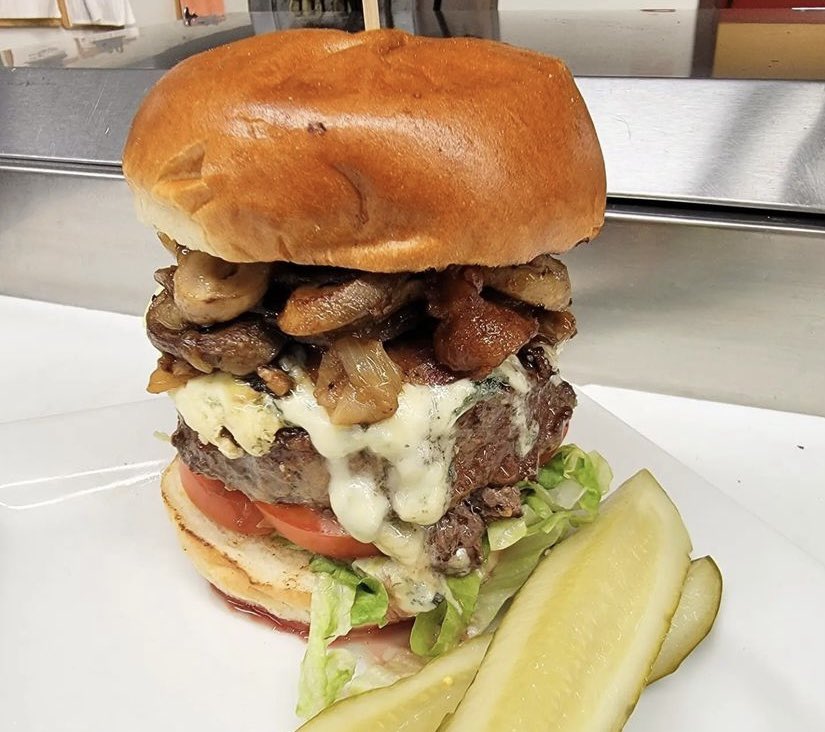 This weeks burger special: The Big Blue with Maytag Blue Cheese, mushrooms, caramelized onions and bacon on brioche