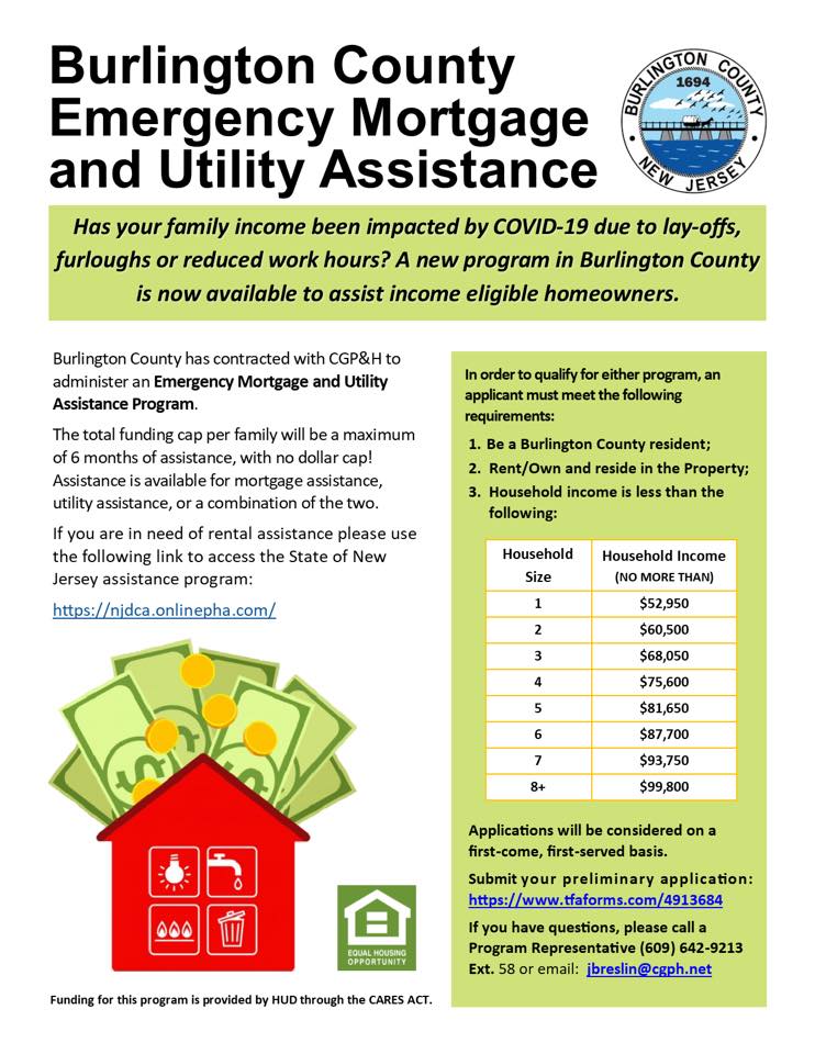 BurlCoNJ's tweet photo. Burlington County homeowners impacted by the COVID-19 pandemic may be eligible for mortgage and utility assistance. If you are interested in this program, fill out the preliminary application at: https://t.co/b4pKfiwgWy https://t.co/tfqRqL4DmA