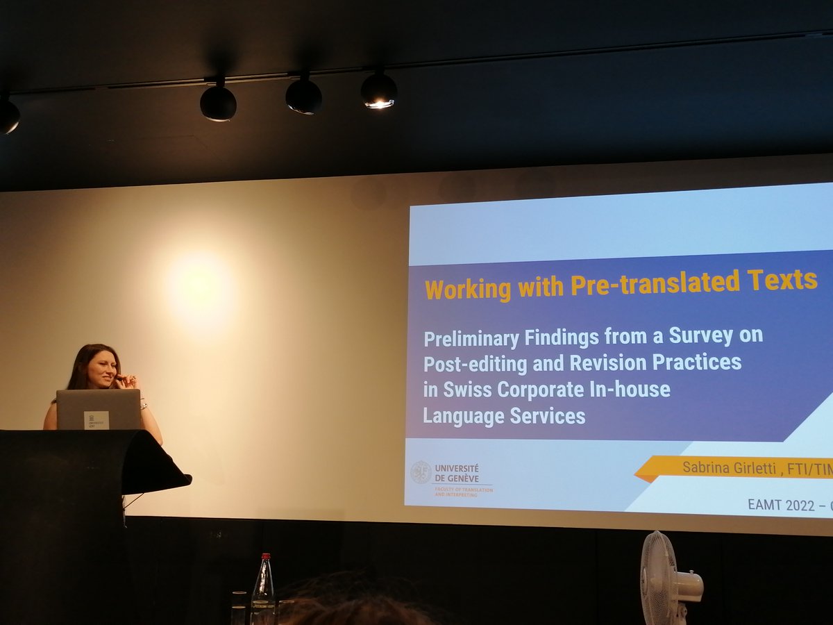 EAMT_2024's tweet photo. The final #eamt2022 talk of the day will be given by @sabrinagirletti on working with pretranslated texts: PE and revision by Swiss corporate language services https://t.co/yYgd8pDkIb