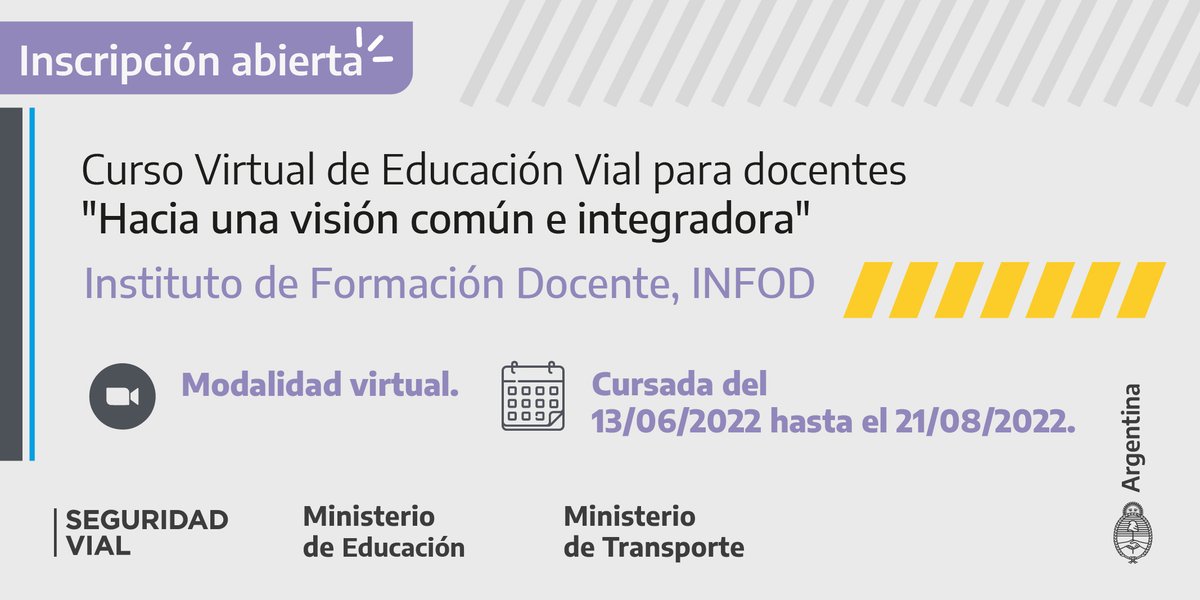ANSV_Ar's tweet photo. 🧑‍🏫Hasta el 9 de junio está abierta la inscripción al curso virtual de #EducaciónVial para docentes "Hacia una visión común e integradora". 
✅Esta propuesta formativa, impulsada por la ANSV, forma parte de la oferta del @infodARG y cuenta con puntaje. 
👉🔗https://t.co/7w8Nvwes7d https://t.co/MHAK3T3oH7
