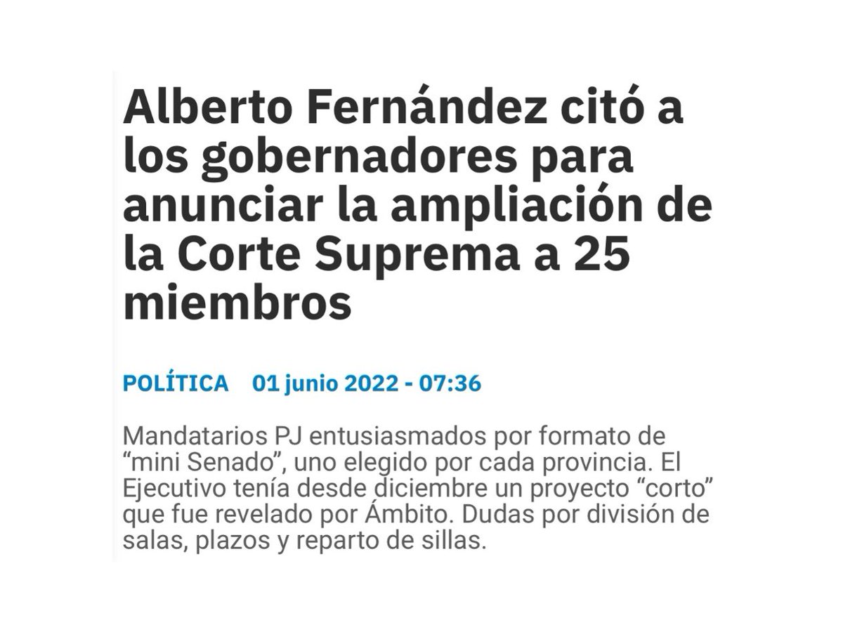 PatoBullrich's tweet photo. ¡Esto es lo más grave que leí en años! Quieren transformar la Corte Suprema en un mini Senado. Algo así como que cada gobernador elija un delegado. Nosotros vamos a luchar contra el modelo que pretende someter todos los poderes al Ejecutivo. ¡No vamos a aflojar en esta batalla! https://t.co/k11BnYe6rm