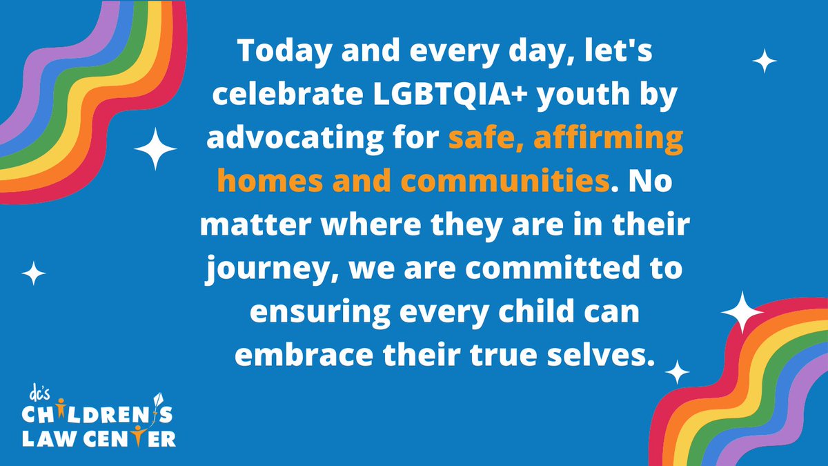 DCChildrensLaw's tweet photo. Happy #PrideMonth! We celebrate this month in recognition of the #LGBTQIA+ community's long history fighting for equal rights. At a time when LGBTQIA+ kids &amp; teens are under attack in other states, we're proud of DC's commitment to creating safe spaces &amp; empowering young leaders. https://t.co/seTYygOGeg