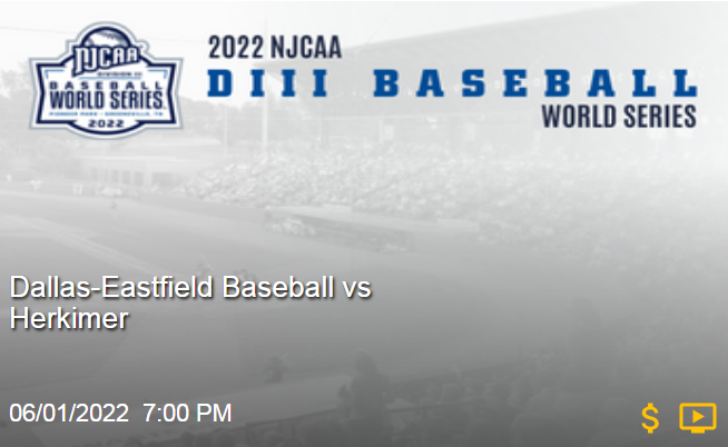 𝗜𝘁'𝘀 𝗚𝗔𝗠𝗘 𝗗𝗔𝗬!
🏆 2022 NJCAA DIII Baseball World Series - National Championship
Dallas-Eastfield 🆚 Herkimer
🗓️ June 01, 2022 | 7:00 PM EDT
📍 Greeneville, TN
📺 bit.ly/NJCAABaseball
#NJCAABaseball #Live #NationalChampionship
<a href="/EastfieldBSB/">Eastfield Baseball</a>