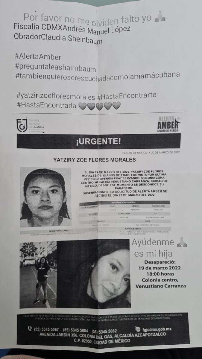 HAGAMOSLO VIRAL
Hoy tome un didi y el conductor me entregó este volante donde busca a su hija desaparecida, por favor postealo y compartelo en tus redes, el señor está buscándola y tiene que seguir trabajando y el gobierno no lo está ayudando, está desaparecida desde Marzo