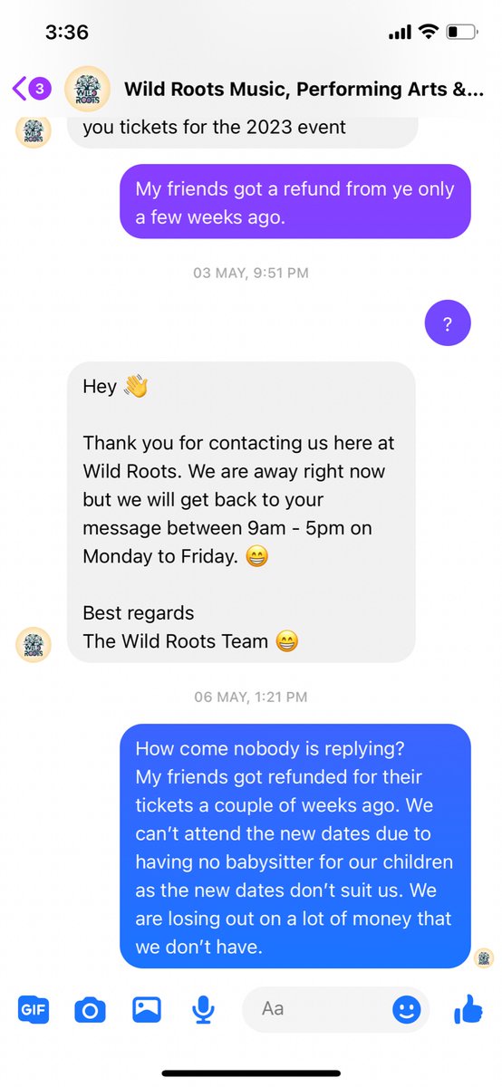 ChloeDonnellan1's tweet photo. @Blueboy901 @WildRootsfest @CCPCIreland I have been emailing and messaging them for weeks and they haven’t replied to me ever since I asked them about getting my money back! Dated back to May 2nd/3rd. My public comments also keep getting deleted within 5 minutes of being posted!!! I am not happy! https://t.co/g0QGH5ybfB