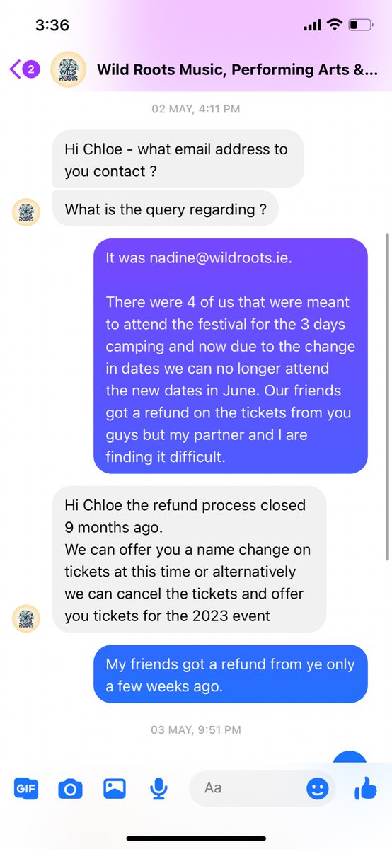 ChloeDonnellan1's tweet photo. @Blueboy901 @WildRootsfest @CCPCIreland I have been emailing and messaging them for weeks and they haven’t replied to me ever since I asked them about getting my money back! Dated back to May 2nd/3rd. My public comments also keep getting deleted within 5 minutes of being posted!!! I am not happy! https://t.co/g0QGH5ybfB