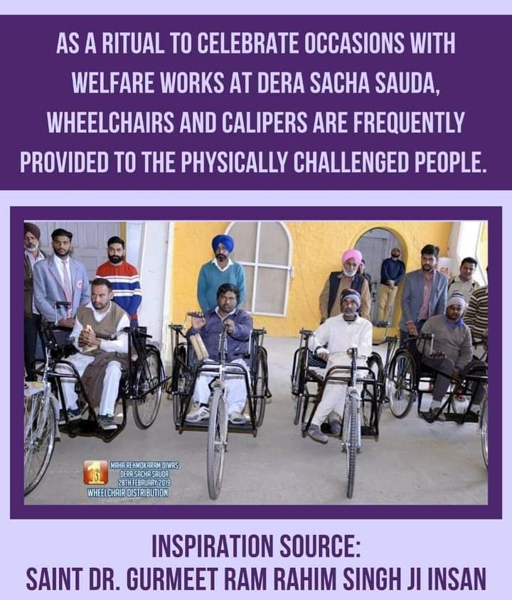 Physically disabled people face many problems due to their circumstances. #SaintDrGurmeetRamRahimSinghJi has started a initiative campaign indeed in which wheelchairs, tricycles are provided to them by #DeraSachaSauda
#CompanionIndeed  #साथी_मुहिम
#HelpingHand #DifferentlyAble