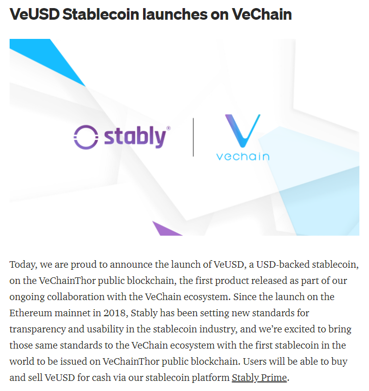 Reminder that VeChain $VeUSD is fully backed by physical reserves of fiat money and can be redeemed at a 1:1 ratio. 💵

$VeUSD: When you need your 'stablecoin' to actually be 'stable'.

medium.com/stably-blog/ve…

#VeChain $VET #Stablecoins #Tech #Compliance #Regulation #Safety