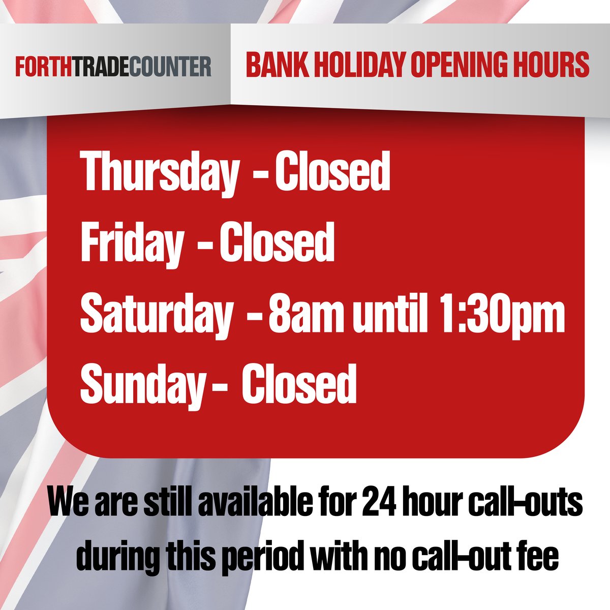 forth_trade's tweet photo. Here are our Bank Holiday Opening Hours!

Please note that we are still available for 24-hour call-outs during this period with no call-out fee. 

We hope you all have a wonderful time celebrating the Queen's Platinum Jubilee!🎉🎊 https://t.co/X4X5TMvoqE