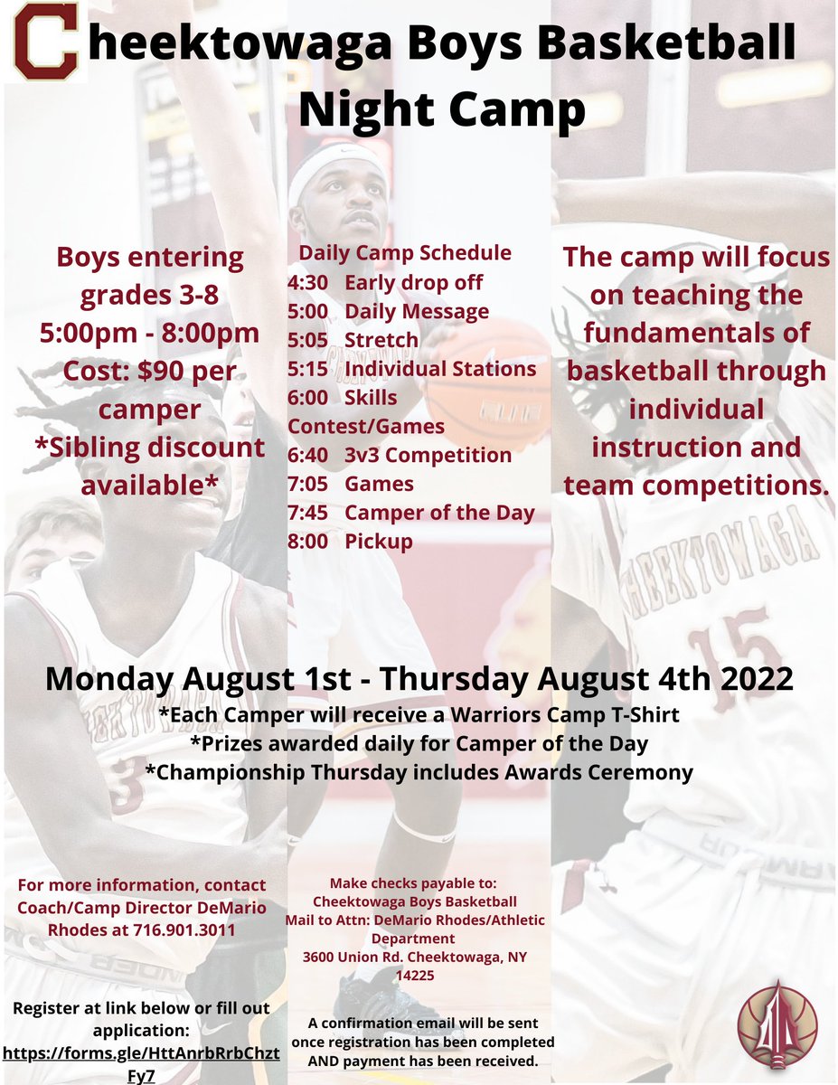 Cheektowaga Boys Basketball Camp is now open to all students in any district! Register here: forms.gle/HttAnrbRrbChzt… @centercourt42 @CheektowagaMS @CheektowagaBee