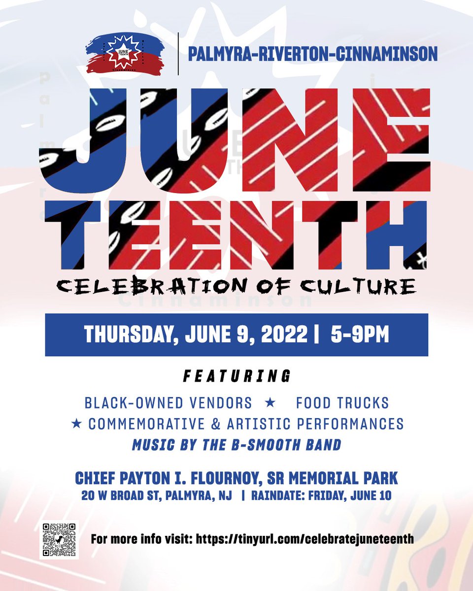 Delran Township is pleased to share that we will be attending and participating in Palmyra/Riverton and Cinnaminson’s Juneteenth Celebration this year. We encourage everyone to come out and join us for an educational and fun evening at the Palmyra Band Shell.