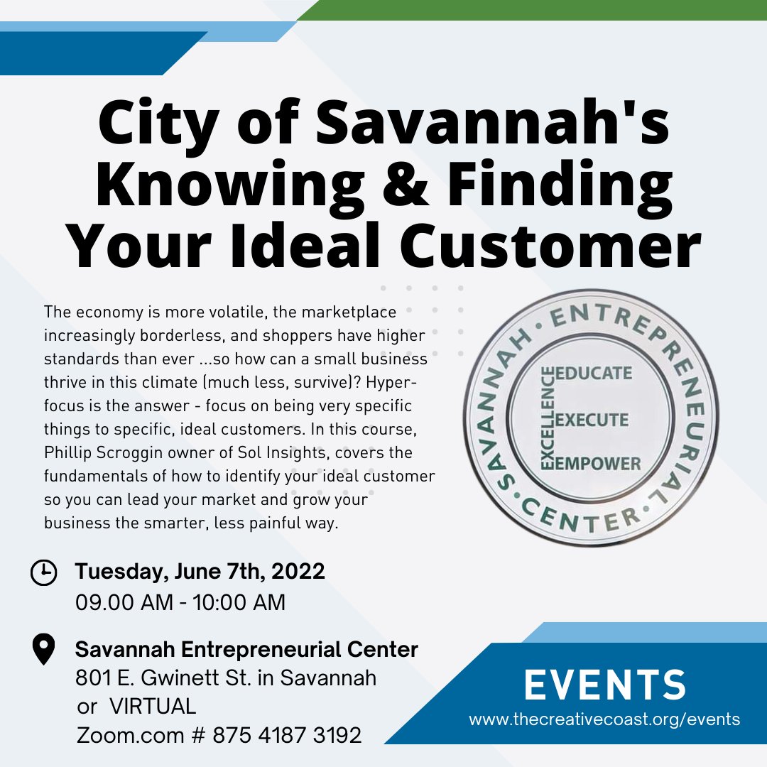The City of Savannah's Entrepreneurial Center offers an array of classes that can help you launch your business. Check out this June 7th course taught by Phillip Scroggin on "Knowing and Finding Your Ideal Customer."
thecreativecoast.org/event/city-of-…