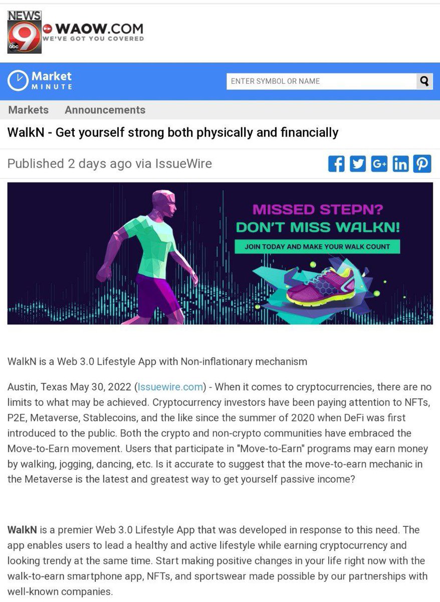 WalkN_Official's tweet photo. Good news doesn't stop coming 😍

@WAOW just share their article about WalkN and called it "..one of the most powerful Walk-to-Earn tokens in the future" 🚀🚀🚀

Read more 👉https://t.co/eWxSv7oyay

Let's rock on it 🤘

#LFG #WNC #walktoearm #BNB https://t.co/glhcQnDRvK