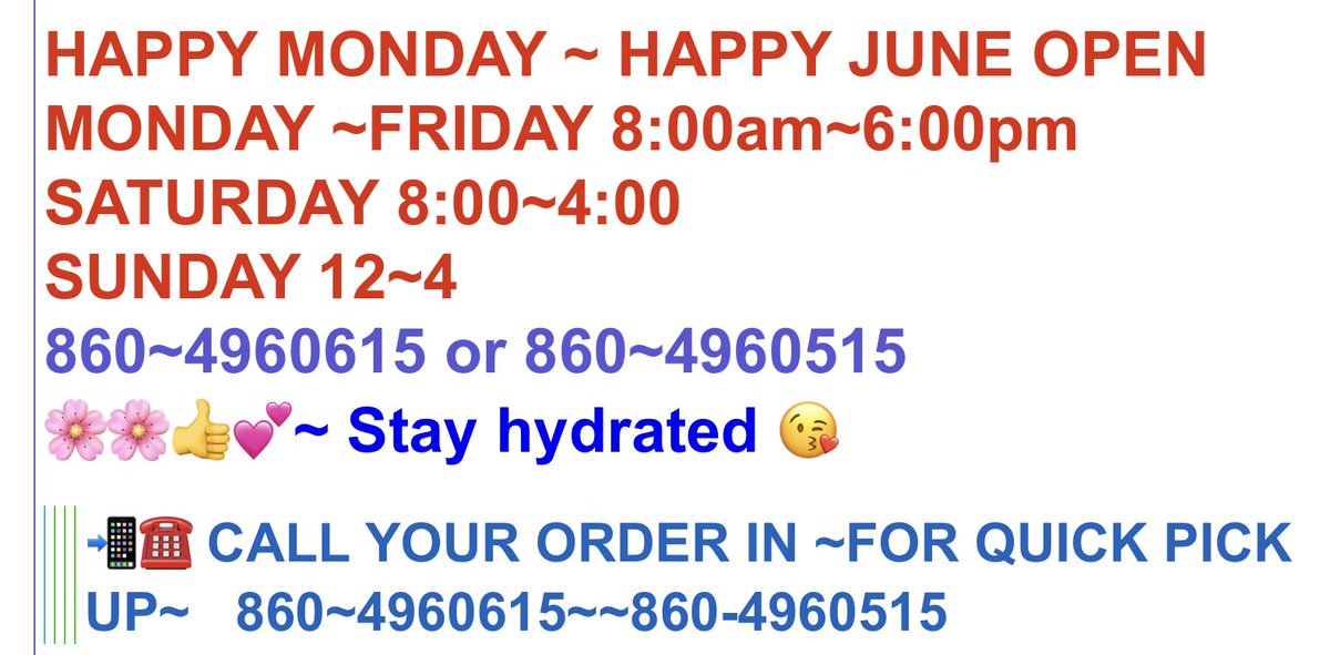 cosmoprof6594's tweet photo. @cosmoprof6594 YES TODAY 🎉🎉🎉GET YOUR OLAPLEX LITERS❤️❤️🛍🛍 HAPPY MONDAY ~ HAPPY JUNE OPEN MONDAY ~FRIDAY 8:00am~6:00pm SATURDAY 8:00~4:00
SUNDAY 12~4
860~4960615 or 860~4960515 
🌸🌸👍💕~ Stay hydrated 😘

📲☎️ CALL YOUR ORDER IN ~FOR QUICK PICK UP~   860~4960615~~860-4960515 https://t.co/5ddPoUcZWg