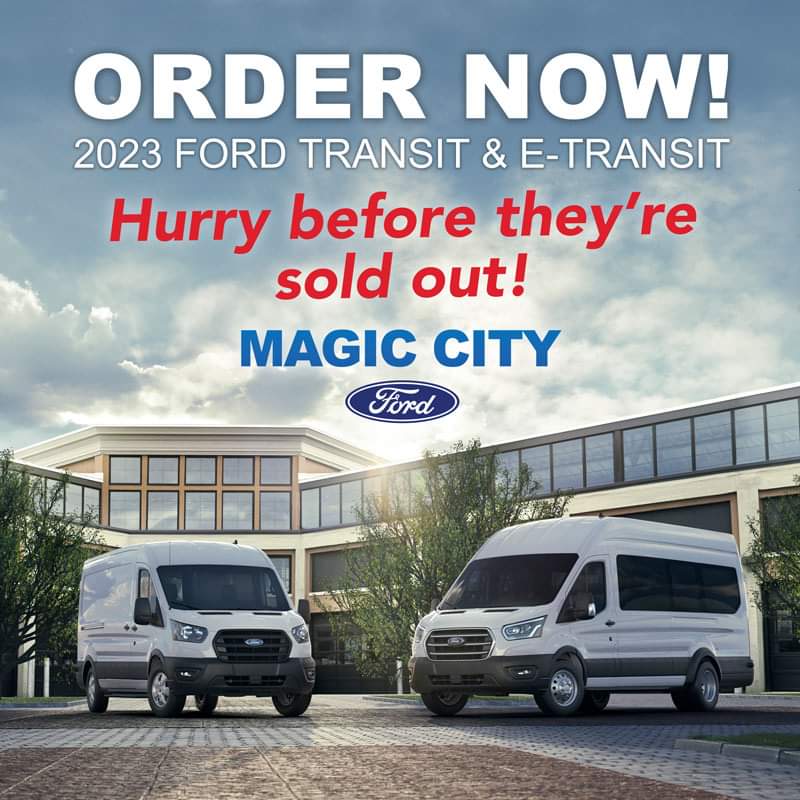 MagicCityFord's tweet photo. Time is running out!  If you're looking to expand your fleet or replace older models, it's time to order your 2023 Ford Transit, or E-Transit. This is your last chance before 2024.  Contact our sales team to order yours today before they sell out. 540-345-0911 https://t.co/DrlOh7moPq