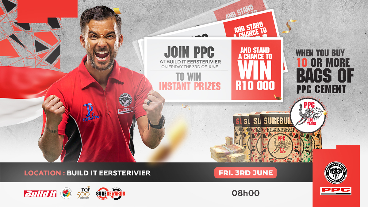 Join PPC and JP Duminy at Build It Eesterivier this Friday the 3rd of June from 08:00 as we celebrate 130 years of PPC. Win Instant Prizes &amp; Stand a chance to win your share of 1.3 million when you buy 10 or more bags of PPC Cement! #WinBigwithPPC