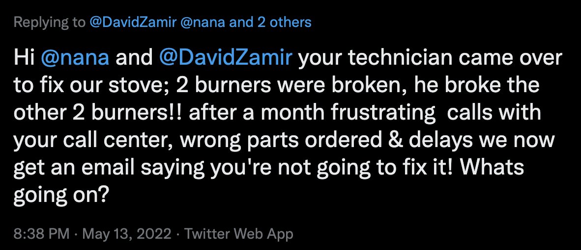 bathingband's tweet photo. @Frigidaire When 2 of our burners on our stove broke we used the repair company you use for your warranty, the technician broke the other 2 burners! It has been months with no working stove and when I asked for an update on Twitter as a last resort they blocked me! Pls help! https://t.co/uTg2y4nguR