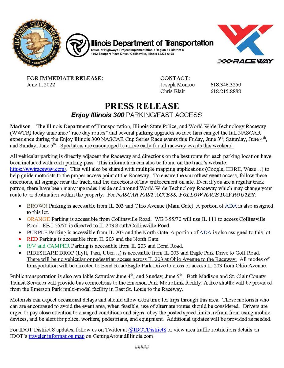 IDOTDistrict8's tweet image. NASCAR FAST ACCESS FOLLOW RACE DAY ROUTES: IDOT, ISP and WWTR are encouraging race fans to use the directions provided with their tickets/passes, follow signage, &amp;amp; obey the directions of police around the raceway to enjoy the best NASCAR Enjoy Illinois 300 experience. #ILTraffic