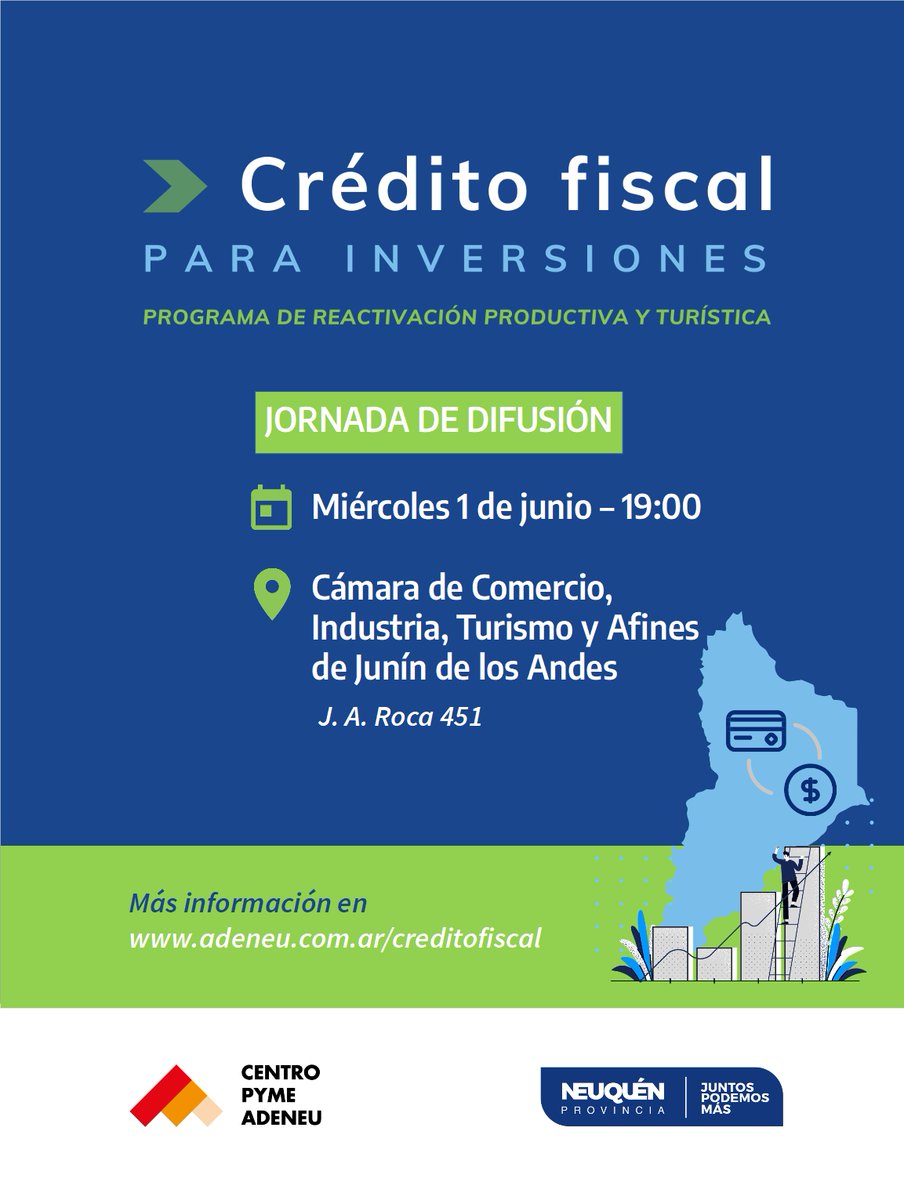 Hoy iniciamos la serie de charlas presenciales en el sur de la provincia, para informar sobre la segunda edición del Programa de Crédito Fiscal para Inversiones 📈

📍 Te esperamos, a las 19:00, en la Cámara de Comercio, Industria, Turismo y Afines de Junín de los Andes.